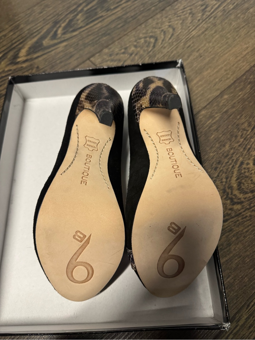 Boutique 9 Black Suede Peep-Toe Heels with Snakeskin Accent - Picture 3 of 6